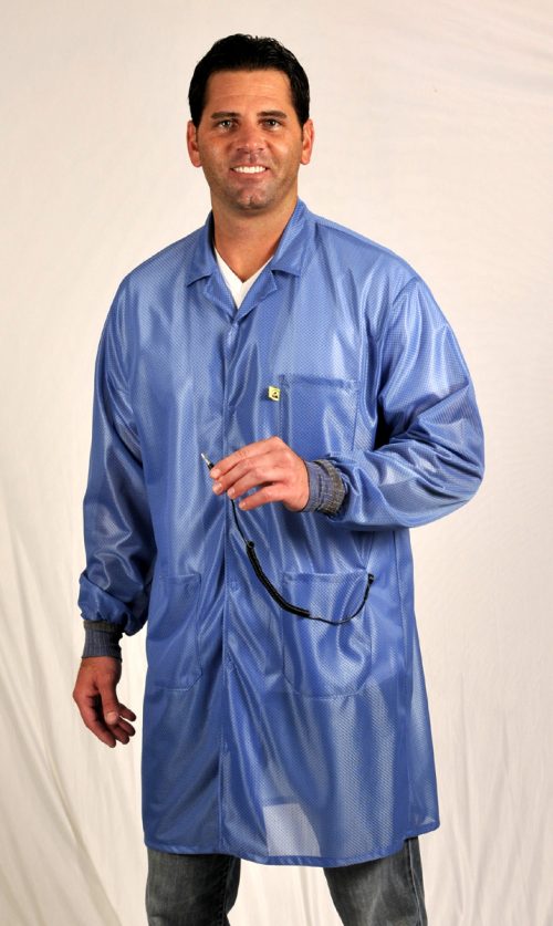 Tech Wear's LOC-23C teal ESD Garment is groundable with ESD grid-knit cuffs.